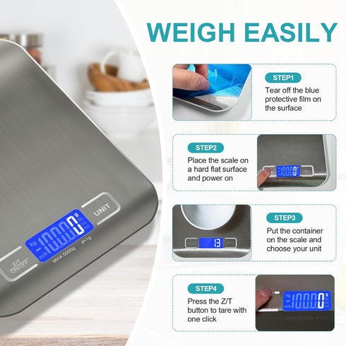 Food Scale, 11lb Kitchen Scale with 6 Units, Tare Function & LCD Display, Stainless Steel Digital Scale for Cooking