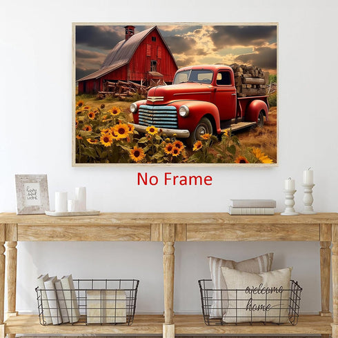Farmhouse Rustic Pictures, Red Barn Painting Old Truck Poster, Wildflower Landscape Wall Art 16x24in