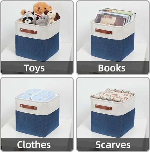 HNZIGE Fabric Cube Storage Bins, Set of 4, Closet Storage Bins for Organizing Home Office (White Blue)