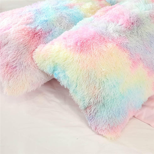 Plush Standard/Queen Pillowcase 2 Pack, Rainbow Tie Dye Super Soft Fluffy Faux Fur Pillow Cases with Zipper