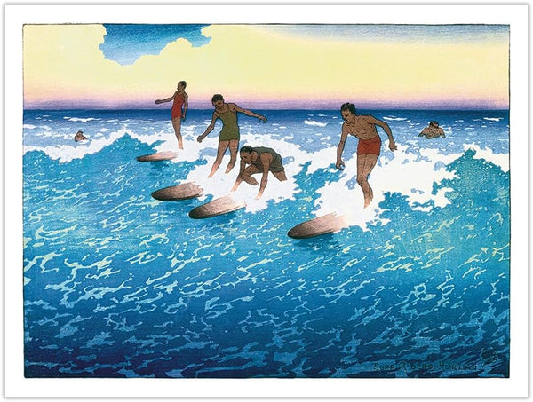 Surf Riders - Duke Kahanamoku w Friends - Vintage Colored Woodblock Print by Charles W. Bartlett, 12x16in