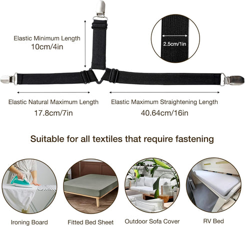 JELLYMONI Adjustable Bed Sheet Straps, Elastic Fasteners with Metal Clips, Fitted Holders for Mattress Cover, Sofa