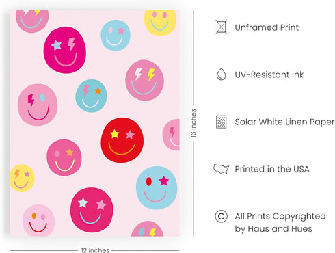 HAUS AND HUES Smiley Face Poster, Preppy Wall Art Pink Aesthetic for Teen Girls, Unframed 12”x16”