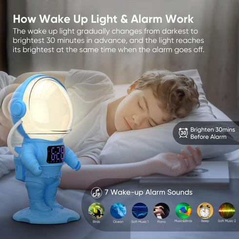 30 22 Dimmable AFEXOA Astronaut Sunrise Alarm Clock for Kids, White Noise Sound Machine with Soothing Sounds