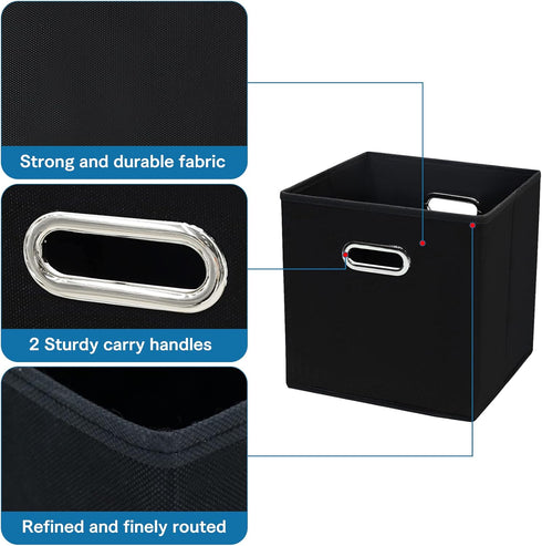 Black Fabric Storage Bins, 11X11X11 Cubes with Dual Handles, Foldable Set of 3 for Closet