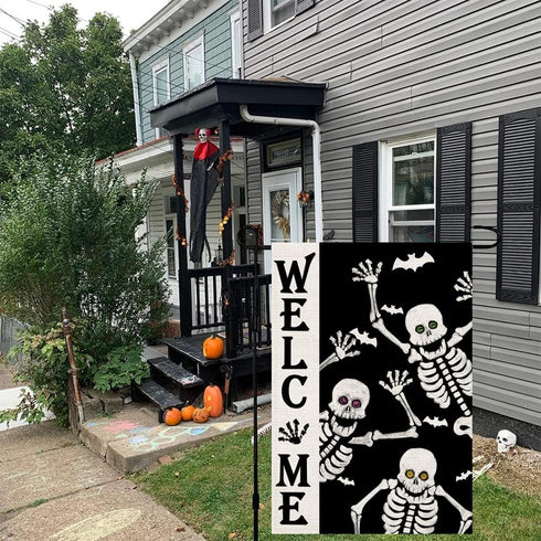 Welcome Halloween Skull Small Garden Flag, Vertical Double Sided Burlap 12 x 18 Inches Outdoor Decor