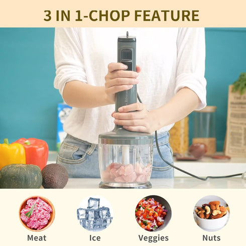 La Reveuse Handheld Immersion Blender, 3 in 1, 300 Watts with Whisk, Mixing Beaker, Food Chopper Attachments