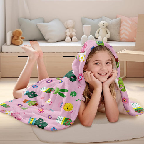 JOPJOLIW 30" 50", Cactus Hooded Towel for Kids x Cute Dancing Cactus Print Blanket, Soft Flannel Blanket Wearable Bath