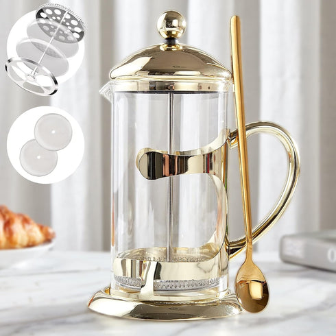 DUJUST Gold French Press Coffee Maker, 34oz Luxury Design with 4-Level Filter System, High-Grade Glass