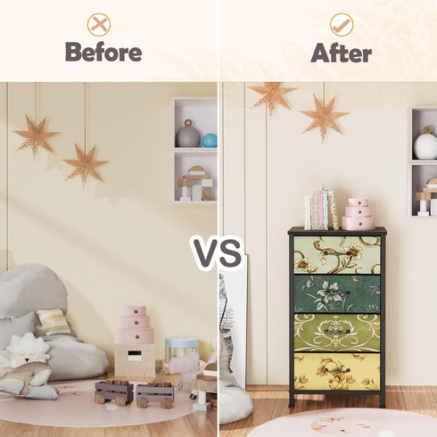 Furnulem 4 Drawer Dresser, Vertical Nightstand for Kids and Adults, Fabric Chest of Drawers for Storage