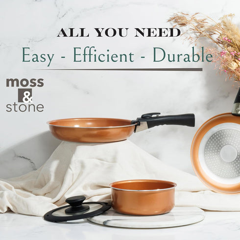 Moss & Stone Copper Pots and Pans Set - Nonstick, Removable Handle Cookware, 7 Pcs Aluminum Camping Set