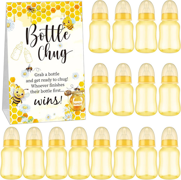 TrelaCo Bottle Chug Baby Shower Game Sign, 20 Pcs Baby Bottles Shower Favor Set for Gender Reveal Party