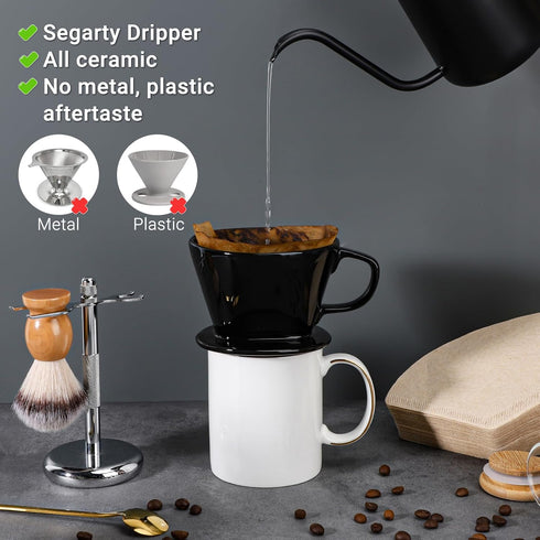 Segarty Black Ceramic Pour Over Coffee Dripper Set, Single Cup with 200PCS Size #2 Cone Coffee Filters