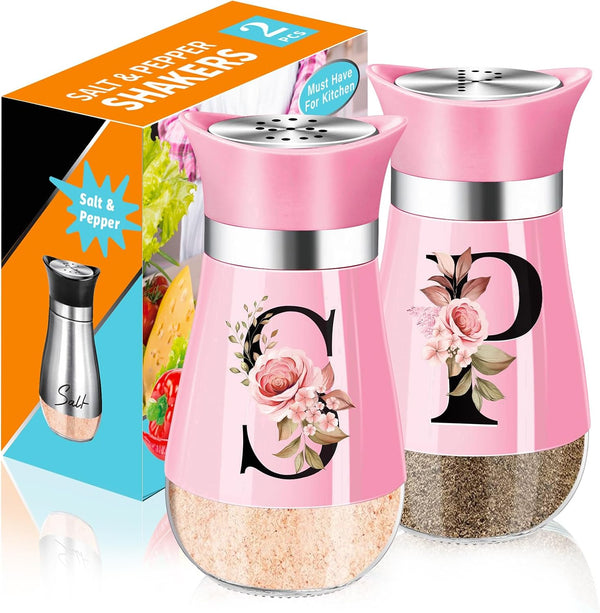 Salt and Pepper Shakers Set, 4 oz Pink Kitchen Accessories, Stainless Steel & Glass Spice Dispenser, Refillable Design