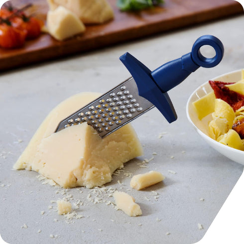 PELEG DESIGN Gratiator Small Cheese Grater Stainless Steel Sword-Shaped Utensil with Royal Blue Handle