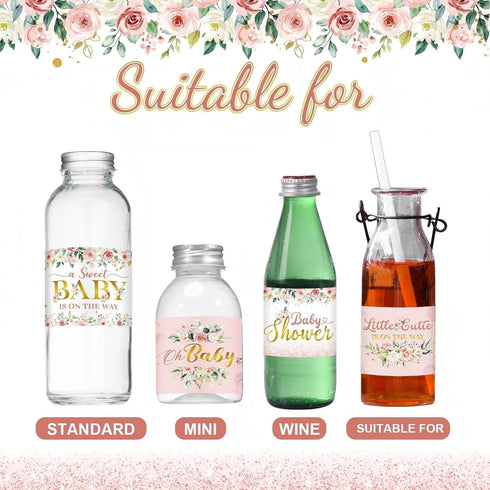 Colarr 72 Pcs Pink Baby Shower Water Bottle Labels Pink Gold Flower Water Bottle Wrappers Stickers Waterproof Self