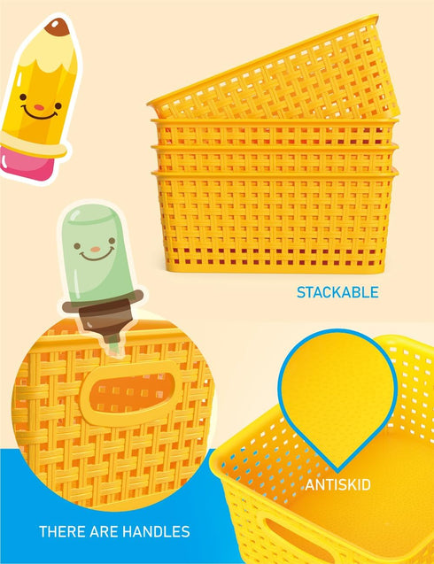 WYT 6-Pack Plastic Small Shelf Storage Weave Baskets, Organizing for Cabinets and Pantries, Yellow