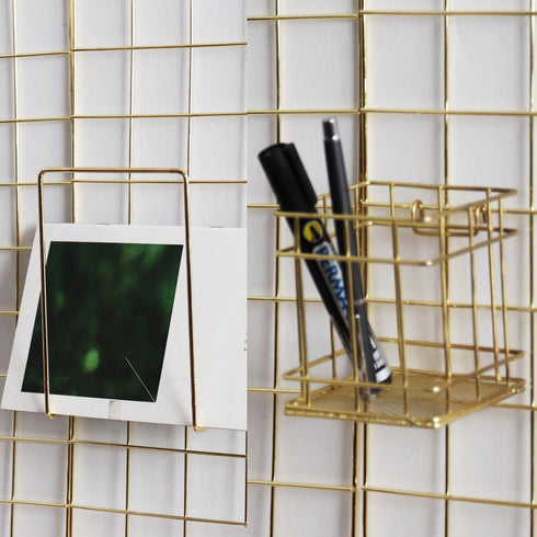 Metal Mesh Wall Grid Panel Hanging Basket, Decorative Desk Storage Organizer for Office, Set of 5, Gold