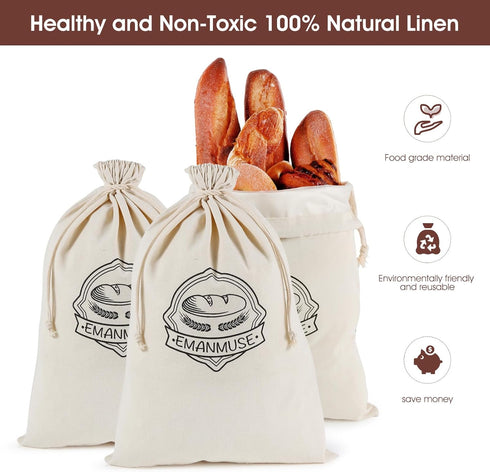 3-Pack 12x17.5 Inch Linen Bread Bags for Homemade Bread & Sourdough, Unbleached with TPU Lining - Reusable Washable