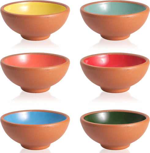 KUYUCU Small Pinch Bowls, 2.5 OZ Terracotta Sauce Cups with 2 Wooden Spoons, Set of 6 Prep Bowls, Dipping Bowls