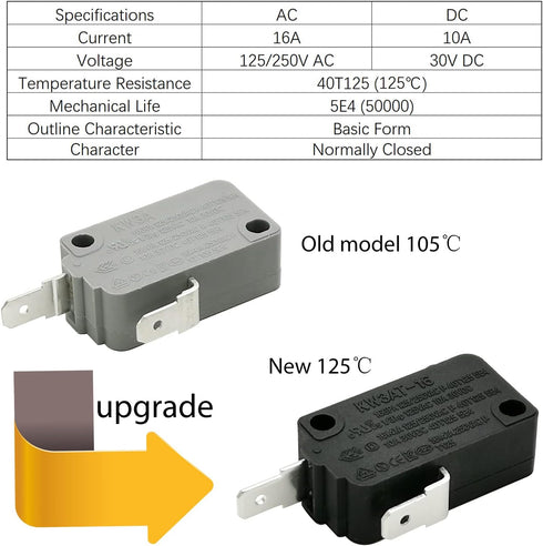 Microwave Oven Door Switch Replacement Part, 16A 125VAC, KW3AT-16, Normally Closed - 1Pc
