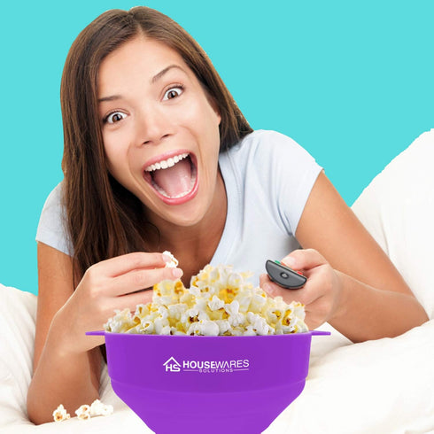 Collapsible Silicone Popcorn Popper Bowl with Lid and Handles, Microwave Safe (Purple)