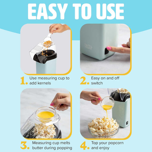 Tasty Hot Air Popcorn Popper, Healthy Popcorn in Minutes, Fast and Easy, Built-In Measuring Cup and Butter Warmer, 8