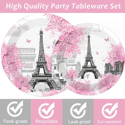 Paris Eiffel Tower Plates and Napkins - Parisian Party Disposable Paper Tableware Bundle for 24 Guests