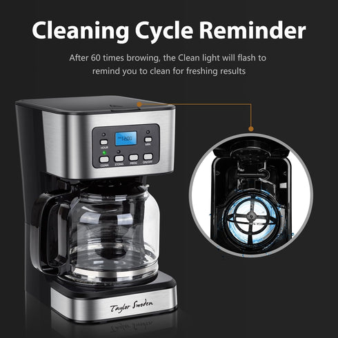 Taylor Swoden 12-Cup Programmable Coffee Maker, Regular & Strong Brew Drip Machine for Home & Office