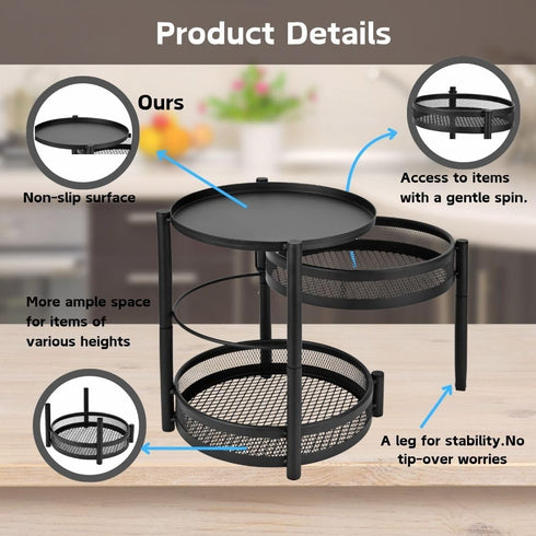 3 Countertop IBERG Tier Spice Organizer with Rotating Middle Tier, Space Saving Kitchen Rack, Metal Pantry Organizer