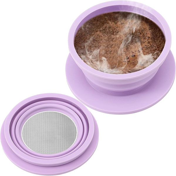 Collapsible Paperless Pour Over Coffee Maker, Reusable Silicone Dripper with Stainless Steel Mesh Filter