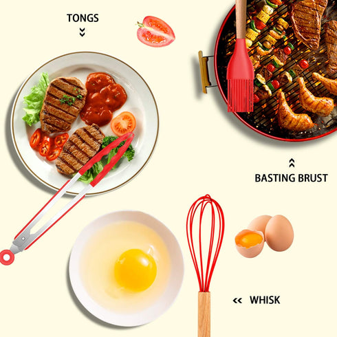 MIBOTE 17 Pcs Silicone Cooking Utensils Set - 446°F Heat Resistant Kitchen Gadgets with Holder, Red