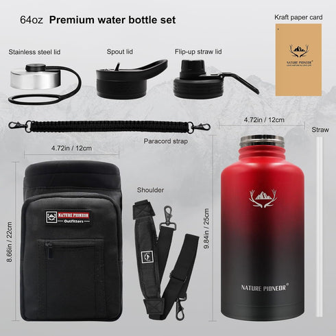 NATURE PIONEOR 64oz Insulated Water Bottle with Straw - Stainless Steel Vacuum Water Jug with Sleeve
