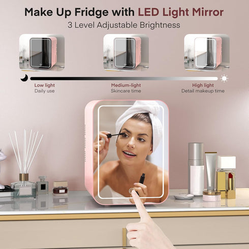 Skincare Makeup Fridge with Dimmable LED Light Mirror, 4L Portable Mini Fridge for Cosmetics, Skin Care