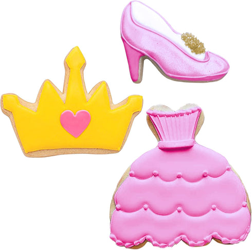 Princess Cookie Cutters Set, 3-Pc Made in USA by Ann Clark, Crown, Glass Slipper, Dress