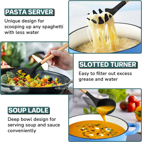 TeamFar Cooking Utensils Set of 7, Silicone Kitchen Tools with Wooden Handles, Heatproof for Non-stick Cookware