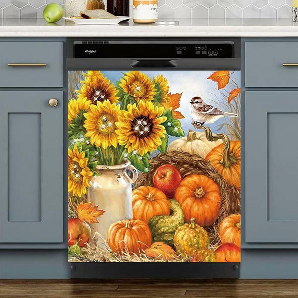 Fall Bountiful Harvest Magnetic Dishwasher Cover Decal, Pumpkins Sunflowers Design, 23" x 26"
