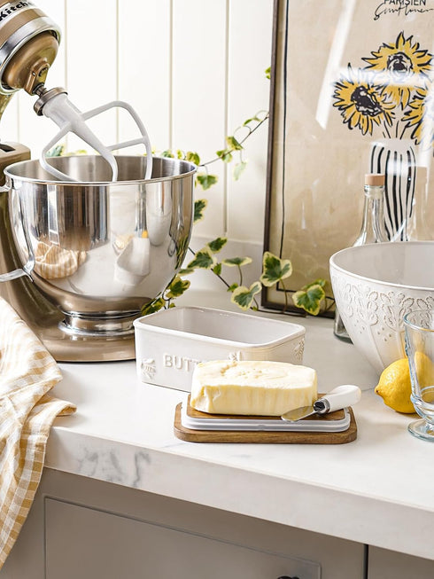 Countertop, Set 1, LE TAUCI Butter Dish with Lid for Ceramic Butter Container, Embossed Butter Keeper with Acacia Wood