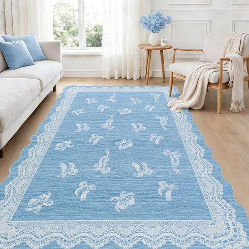 5x7 ORTIGIA Scalloped Area Rug for Living Room, Blue Washable Low Pile Non Slip Rug with Bow Large Carpet for Kid