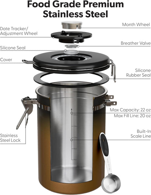Tea,Flour,Cereal,Sugar,22OZ,Copper Veken Coffee Canister with Window,Airtight Stainless Steel Kitchen Food Storage