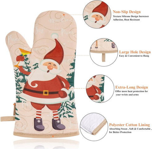 BESTONZON Cute Christmas Oven Mitt Set, Heat Resistant Oven Gloves and Pot Holders for Kitchen Decoration