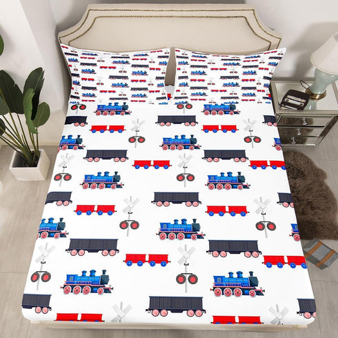 Set Erosebridal Cartoon Train Bed Sheets Red Blue Train Sheet for Boys Child,Kids Vehicles Fitted Sheet Kids Car Theme