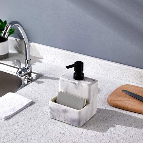 zccz Soap Dispenser with Sponge Holder, Marble Look Liquid Hand and Dish Soap Dispenser Pump Bottle for Kitchen Sink