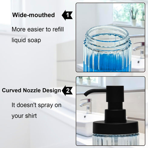 Ribbed Hand Glass Soap Dispenser Set of 2, Wide-Mouthed Glass Soap Bottles with Matte Black Pump for Bathroom & Kitchen