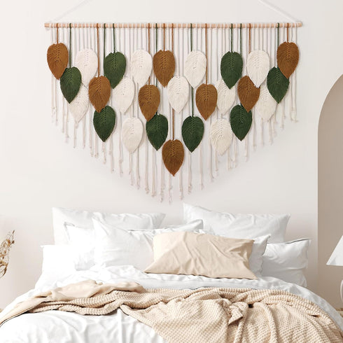 51.5" 33.5" KHOYIME Large Macrame Wall Hanging Boho Woven Tapestry, Chic Home Decor Modern Bohemian Handmade Leaf
