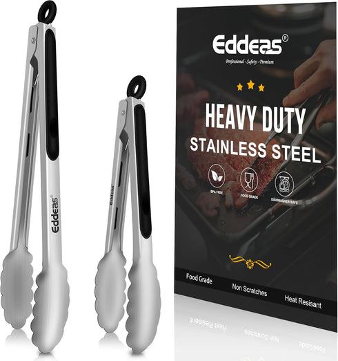 Kitchen Tongs Set of 2, 9" and 12" Heat Resistant Stainless Steel Metal Tongs for Cooking, Salad, BBQ