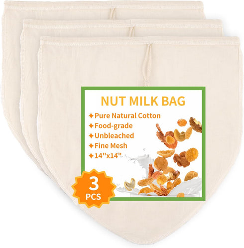 3 Pcs 14"x14" Nut Milk Bag, Natural Unbleached Cotton Cheese Cloth Bag