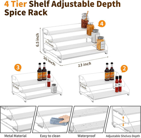 4 Countertop, (1 Pack) BOIVSHI Tiered Spice Rack, Tier Spice Shelf Organizer for Cabinet, Spice Rack Organizer, Depth
