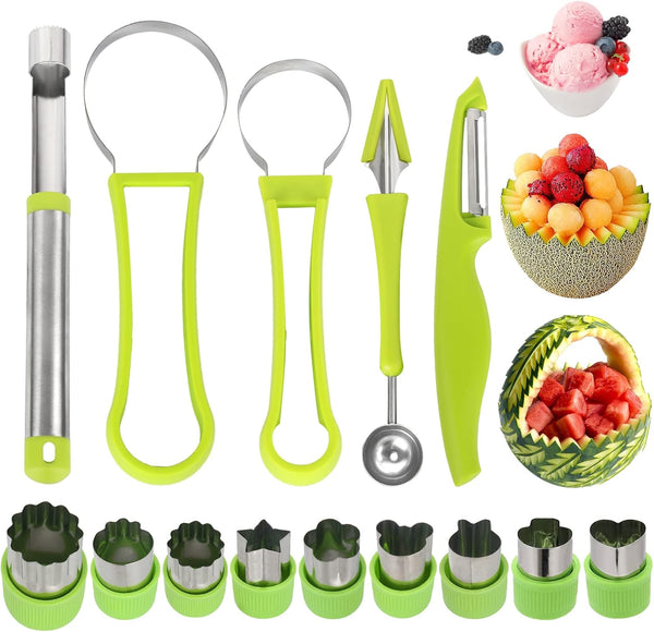 14 Pack Melon Baller Scoop Set, 4 in 1 Stainless Steel Fruit Tool Set for Fruit Slicer, Vegetable Cutter
