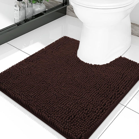 Smiry Chenille U-Shaped Toilet Bathroom Rugs - Soft Absorbent Non-Slip Contoured Mats, Machine Washable (Brown)